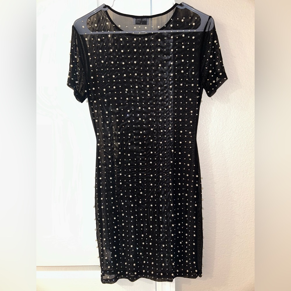 NWOT Elegant Black Sheer Dress with Pearl Detail - Picture 3 of 5